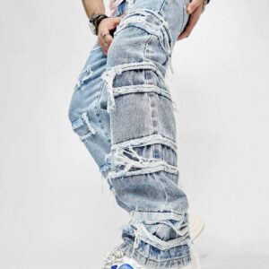 Men Ripped Raw Cut Straight Leg Jeans